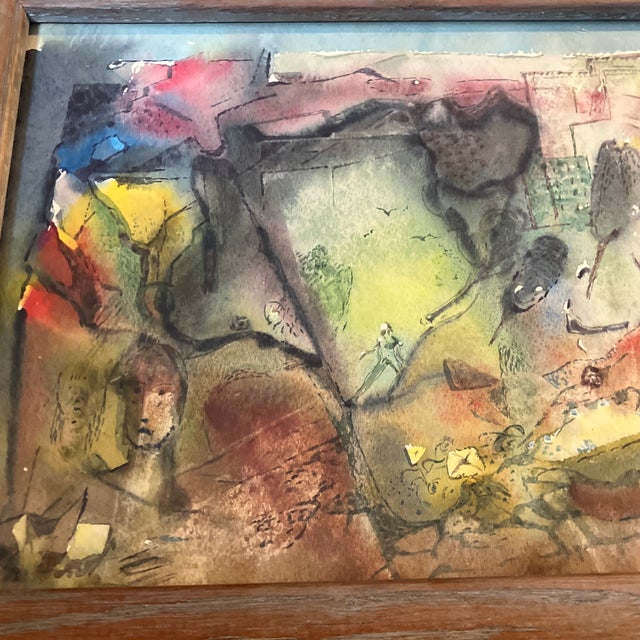 Abstract 1940’s Original Surreal Abstract Expressionist Watercolor Painting Vintage Oak Frame For Sale - Image 3 of 5
