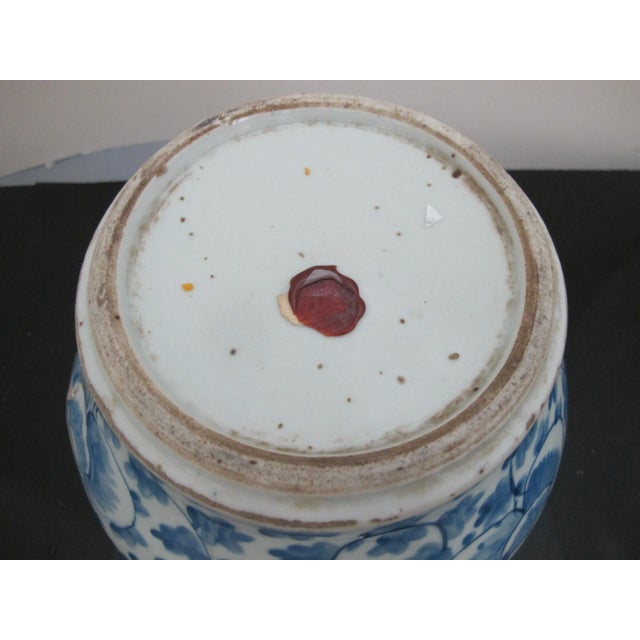 Ceramic Chinese Blue Porcelain Peonies Scroll Cache Spittoon Planter Pot Bowl For Sale - Image 7 of 9