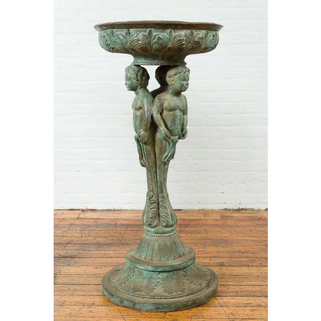 Classical Style Bronze Putti Carrying a Basin on Their Heads Pedestal Urn For Sale - Image 4 of 10