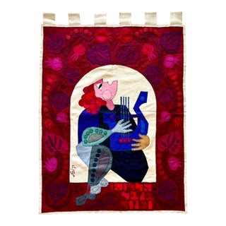 Kopel Gurwin, Wool Felt Applique Israeli Folk Art Signed Tapestry Kopel Gurwin Bezalel School For Sale