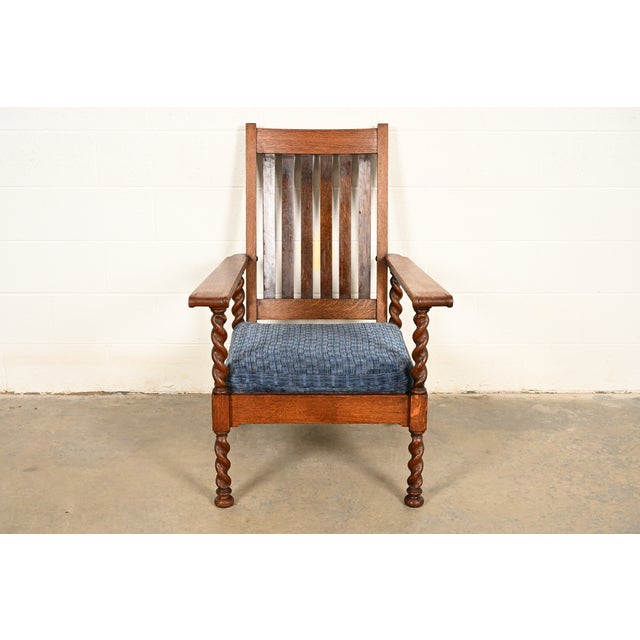 Stickley Brothers Antique Arts & Crafts Carved Oak Barley Twist Lounge Chair, Circa 1920s For Sale - Image 9 of 14