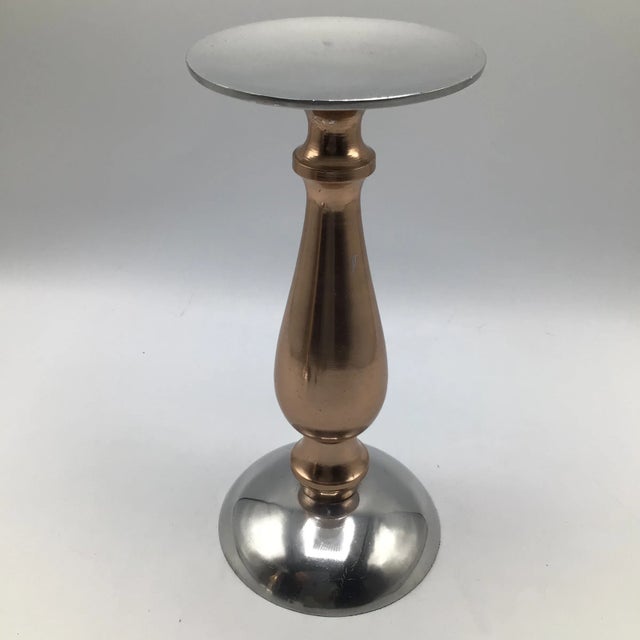 Silver & Rose Gold Anodized Aluminum Pillar Candle Holders - A Pair For Sale - Image 9 of 13