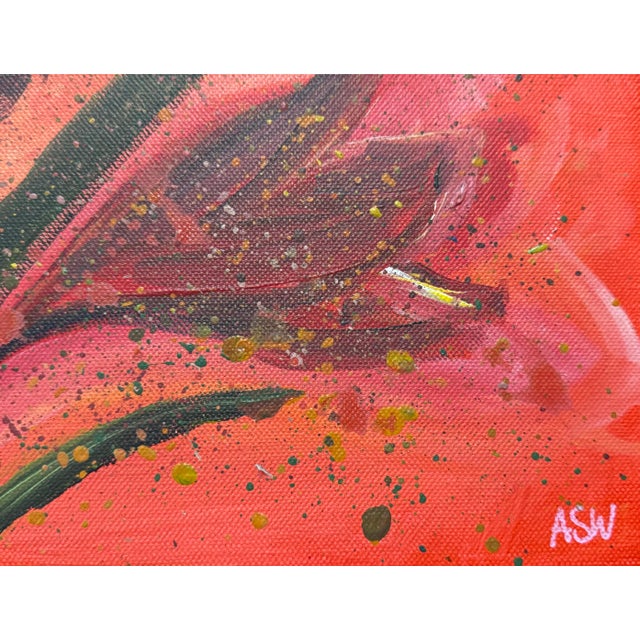 Wood Vibrant abstract red flowers with splashes of green & yellow on box canvas 2007 For Sale - Image 7 of 8