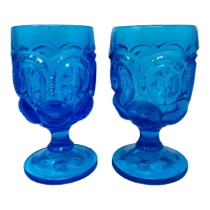 Vintage Smith Glass Moon and Stars Blue Water Goblets a Pair
