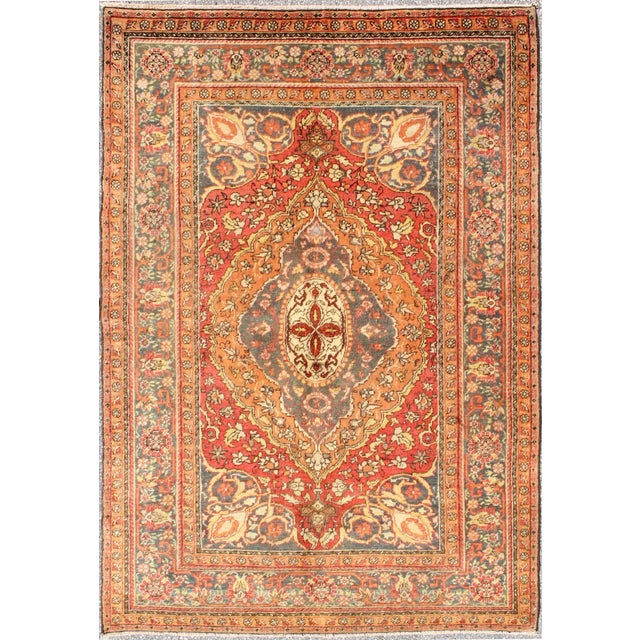 Textile Antique Antique Persian Haji Jalili Rug With Multi-Layered Medallion in Soft Red, Teal & Orange For Sale - Image 7 of 7