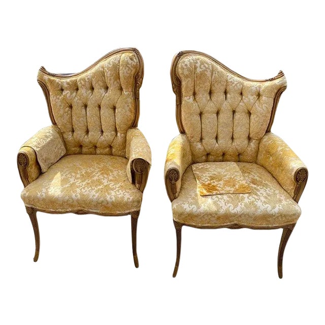 1940s Pair of Hollywood Regency Style Gilt Painted and Tufted Back Upholstered Armchairs For Sale