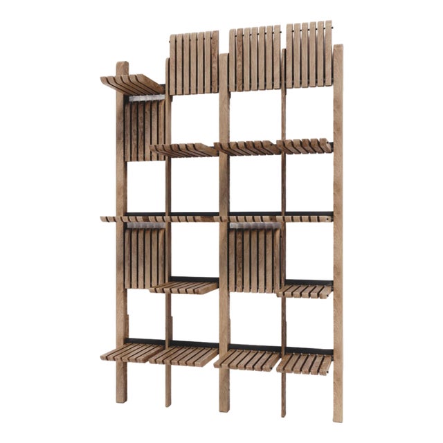 Modern Shelving System Handcrafted Honey Stained Wood on the Steel Frame Modular Shelves 1500 Mm For Sale