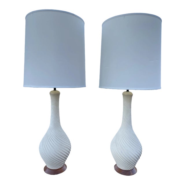 1960s Large Spiral White Table Lamps With Walnut Base - a Pair For Sale