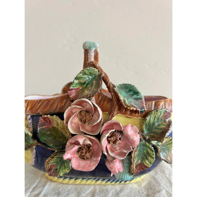 Antique French Barbotine Majolica Basket Vase Applied Rose Vase For Sale - Image 4 of 12