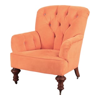 George Smith Style Button Tufted Upholstered Club Chair. Peach or Pink Upholstery For Sale