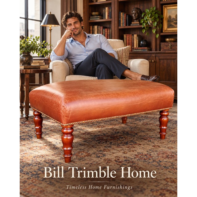 Late 20th Century Cognac Leather Rectangular Ottoman With Turned Wood Legs & Nailhead Trim For Sale In Atlanta - Image 6 of 6