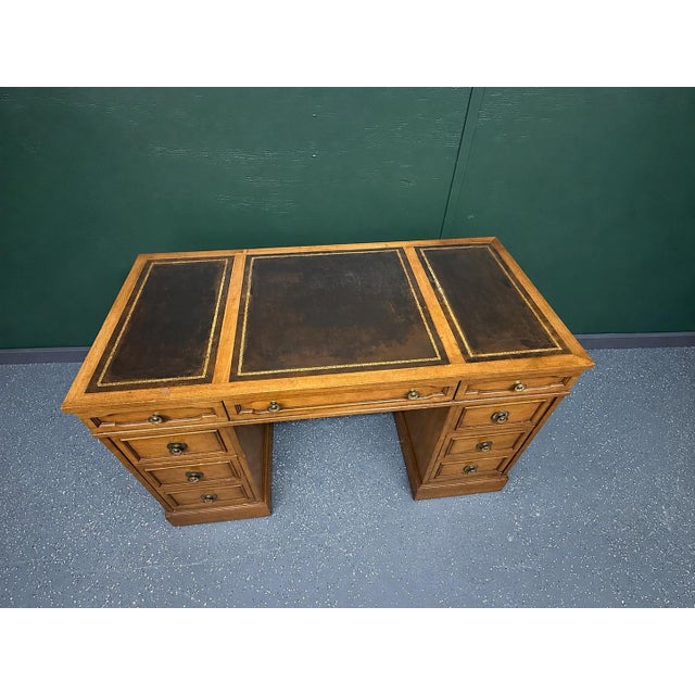 Wood Vintage 1960’s Drexel Triune Tooled Leather Top Desk For Sale - Image 7 of 10