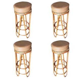 Restored Vintage 1950s Hair Pin Leg Rattan Bar Stools - Set of 4 For Sale