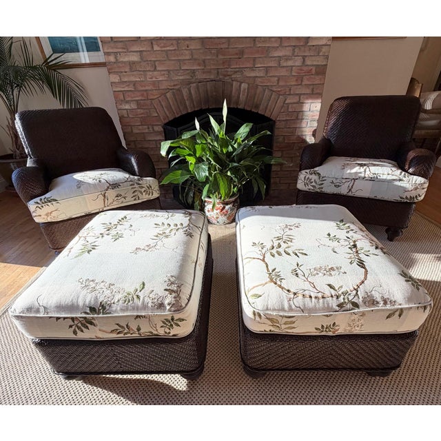 Rattan Lounge Chairs and Ottomans by Hickory Chair Upholstered in Colefax & Fowler, Set of 2 For Sale - Image 14 of 18