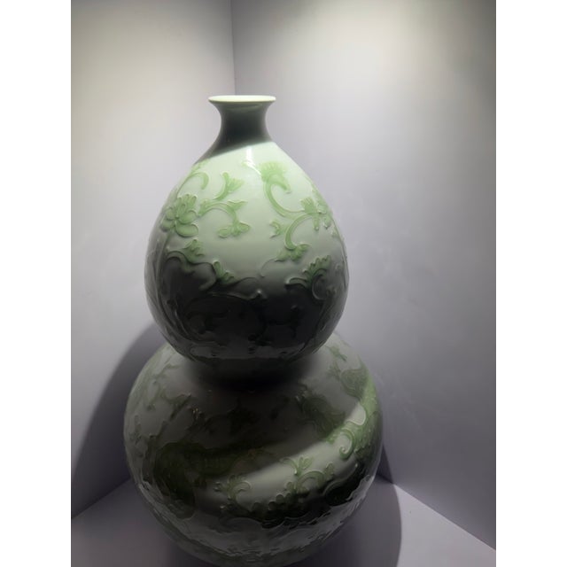 Large 24" Chinoiserie Celadon Porcelain Dragon & Lotus Double Gourd Floor Vase For Sale - Image 9 of 10
