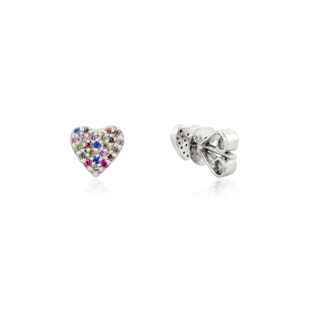 Minimalism Rainbow Multi Sapphire Heart Stud Earrings in 14k White Gold 2 Pieces For Sale - Image 3 of 8