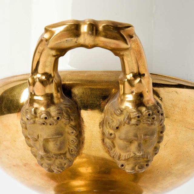 Monumental Antique French Empire 19th Century Paris Porcelain Urns or Vases in White & Gold - A Pair For Sale - Image 4 of 5