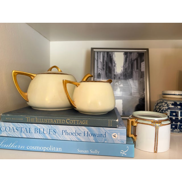 1920s Antique Art Deco Porcelain Teapot & Creamer Set | Heavy Gold Gilt | Mother of Pearl Interior For Sale - Image 5 of 6
