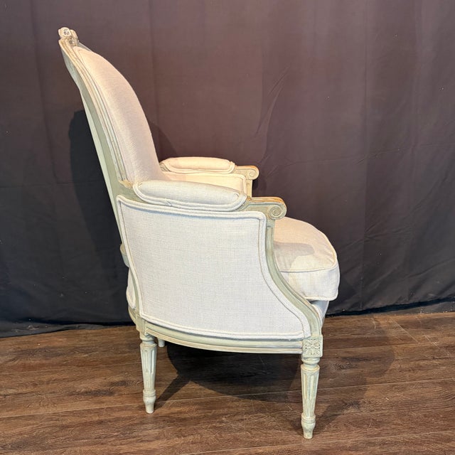 Wood Antique French Louis XVI Carved and Painted Bergère Armchairs -a Pair For Sale - Image 7 of 12