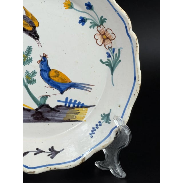 Antique French Nevers Faience Plate with Hand-Painted Birds, 1700s For Sale - Image 3 of 11