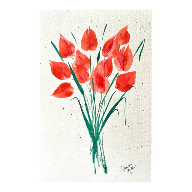 Red Hot Tulips Watercolor Painting by Sandra Wright For Sale