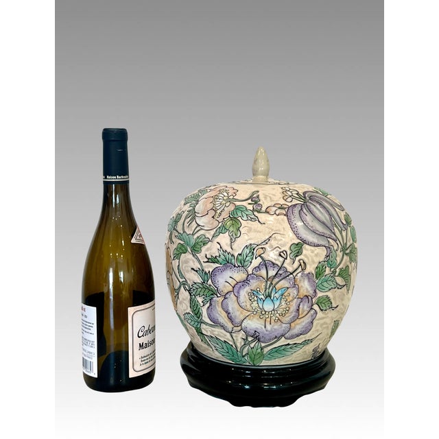 Paint Vintage 'Macau'/ Chinese Pale Apricot Porcelain Ginger Jar (Macao) With Exotic Flowers Tongzhi Style (Macanese) For Sale - Image 7 of 13