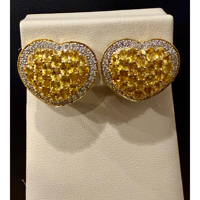 12 Ct Natural Ceylon Yellow Sapphire & 2 Ct Diamond Stud Heart Earrings 18 KYG For Sale - Image 14 of 18