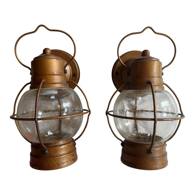 Vintage Caged Lantern Copper Painted Outdoor Wall Sconces For Sale