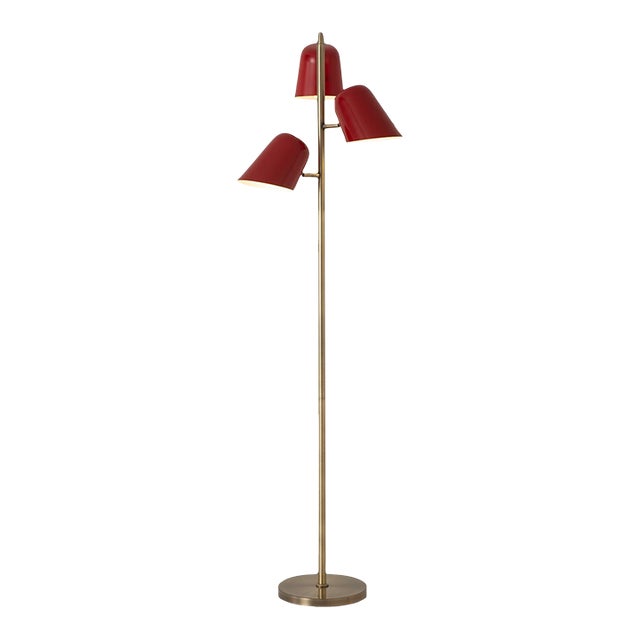 1960s Mid Century Modern Culver 3-Lighting Tree Brass Floor Lamp - Crimson Red Shades, Weathered Brass For Sale