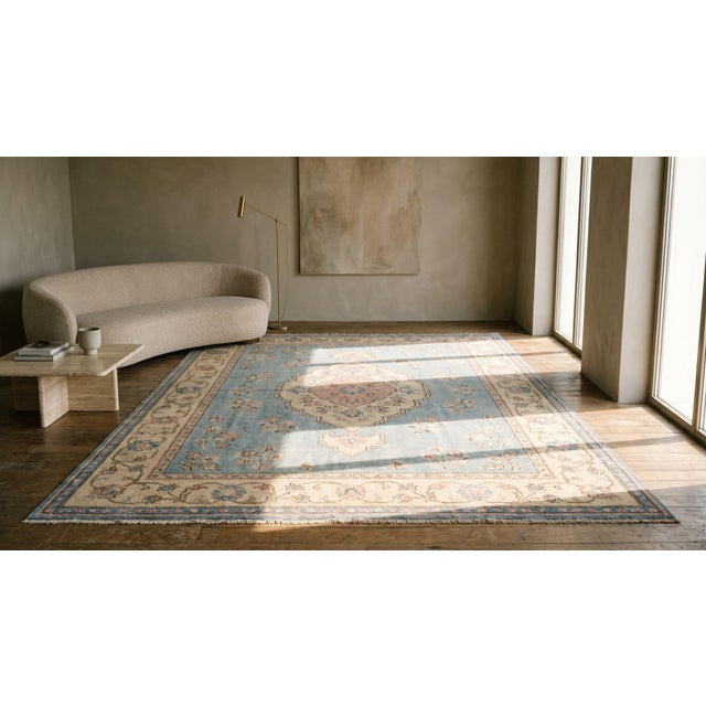 Pink 1880s Beige Floral Medallion Antique Turkish Oushak Ghiordes Rug 13' X 14'6" Handknotted Wool Carpet For Sale - Image 8 of 10
