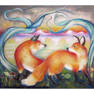 Fox Lake by Zoa Ace | Oil on Canvas Two foxes near a lake with colorful trees and a sunset. For Sale