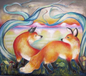 Fox Lake by Zoa Ace | Oil on Canvas Two foxes near a lake with colorful trees and a sunset.