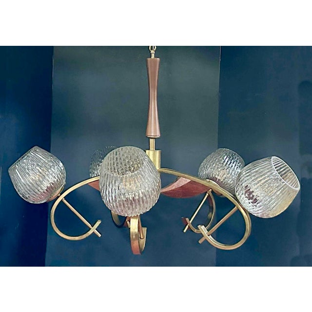 Stunning 1960s Japanese midcentury-modern 5-light brass and wood tulip chandelier with textured-glass shades. I believe...