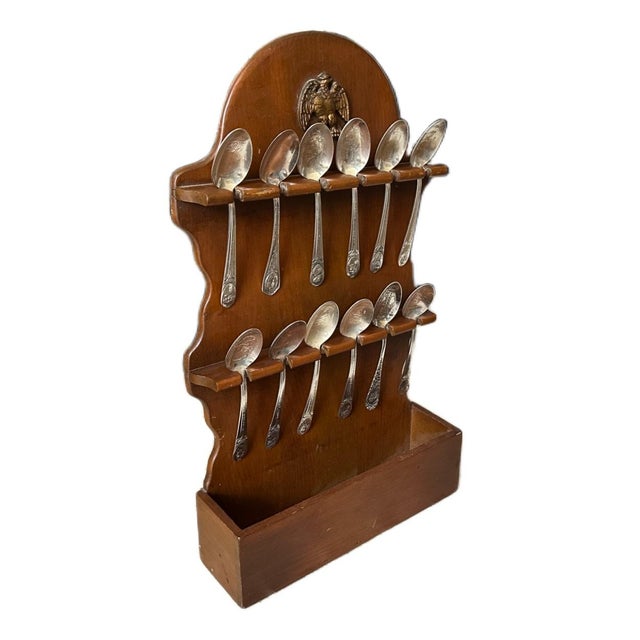 Vintage Federal Eagle Wood Spoon Rack w/12 Silver Plate Collectible President Spoons Vintage Federal style wood spoon rack...