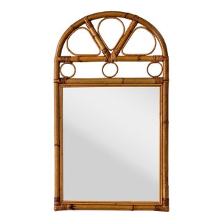 Vintage Coastal Modern Arched Rattan Wall Mirror For Sale