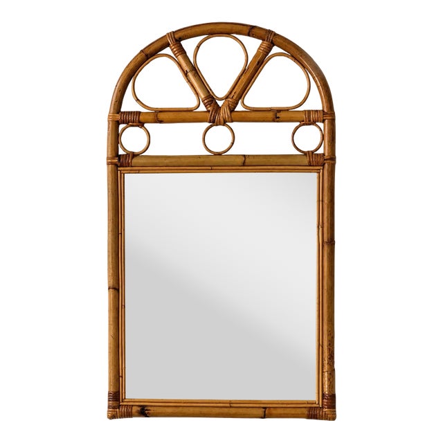 Vintage Coastal Modern Arched Rattan Wall Mirror For Sale