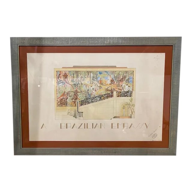 1930s Art Deco Brazilian Embassy Adelaide Briggs Gouache Painting, American For Sale