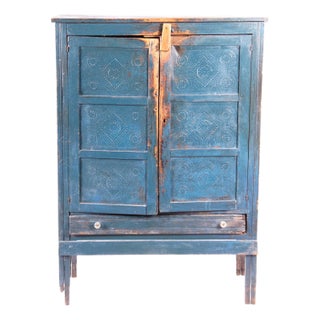 Antique Blue Painted Distressed Pie Safe Tall Cupboard For Sale