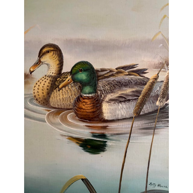 Vintage mid century original duck or mallard painting. Original wood frame. Serene setting of two geese or ducks in a pond...