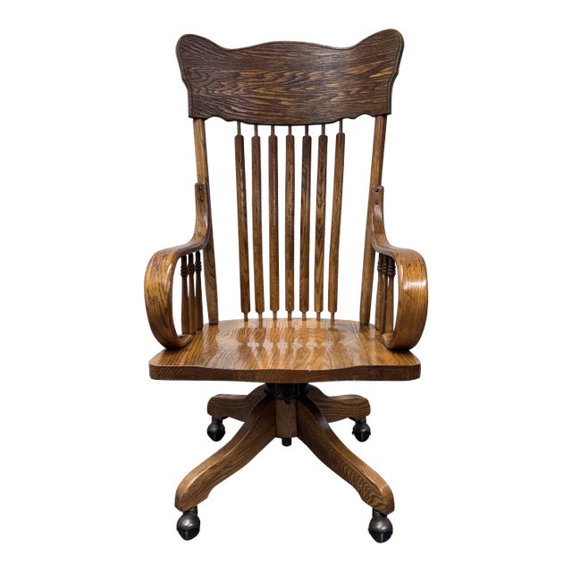 Vintage H. W. Hull & Sons Tiger Oak Swivel Bankers Chair For Sale