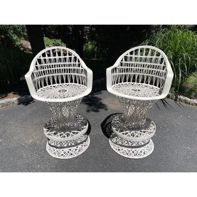 Mid Century Modern Spun Fiberglass Bar Stools Attributed to Russell Woodard with circular seat cushions. Very good vintage...