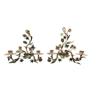Vintage Pair of Italian Tole Floral Wall Candle Sconces For Sale