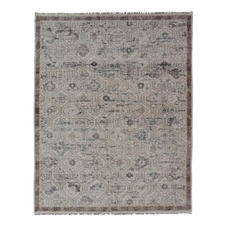 Modern Hand-Knotted Oushak Distressed Rug With Sub-Geometric Design in Brown and Blue For Sale