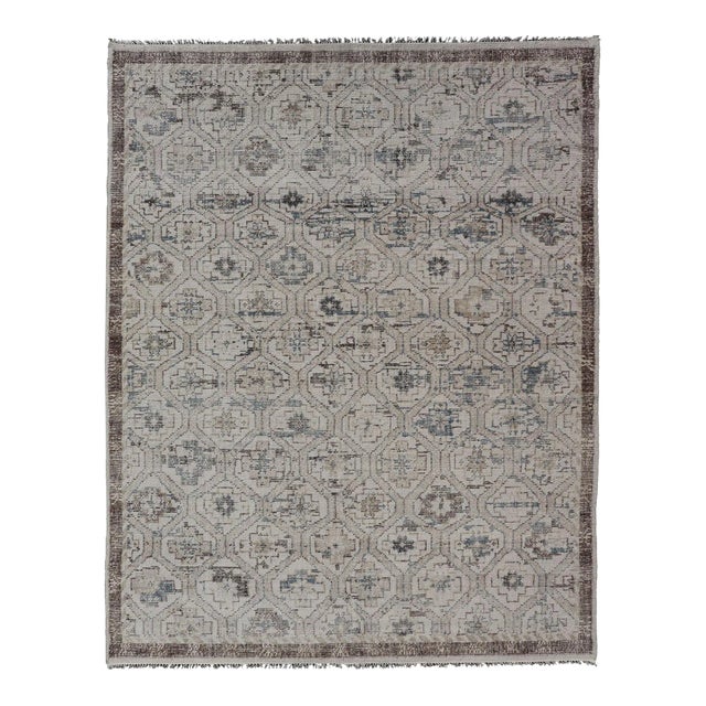 Modern Hand-Knotted Oushak Distressed Rug With Sub-Geometric Design in Brown and Blue For Sale