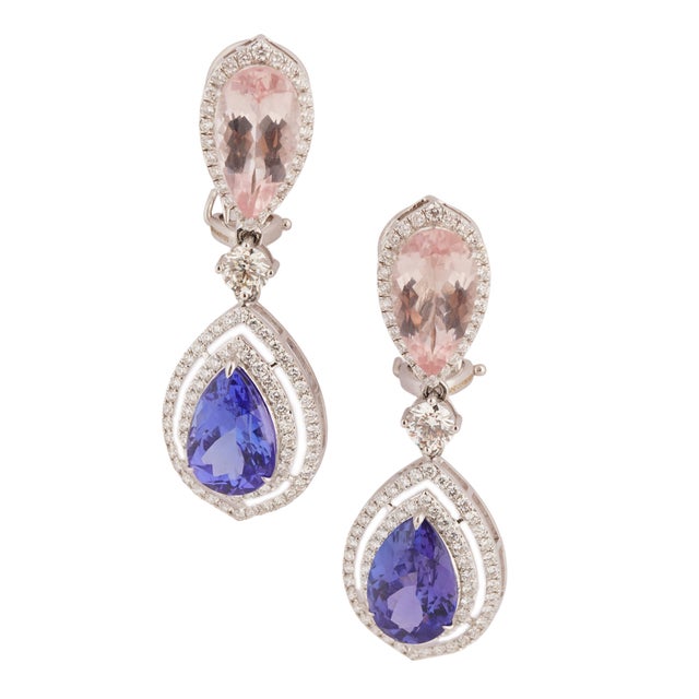 Natural morgenite 4.38cts &tanzanite6.87cts&diamond 1.89cts earring in 18k gold For Sale - Image 10 of 18