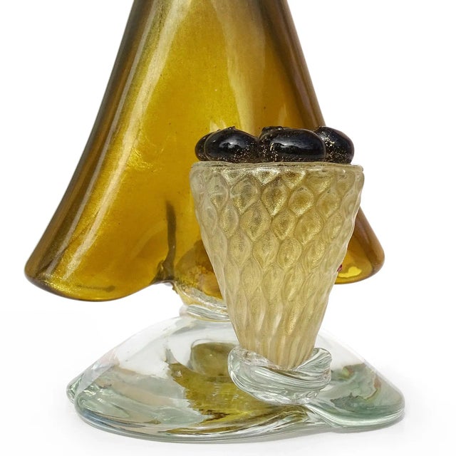 Glass Murano Vintage Dark Amber Olive Gold Flecks Italian Art Glass Woman Farmer With Basket Figure Sculpture For Sale - Image 7 of 8