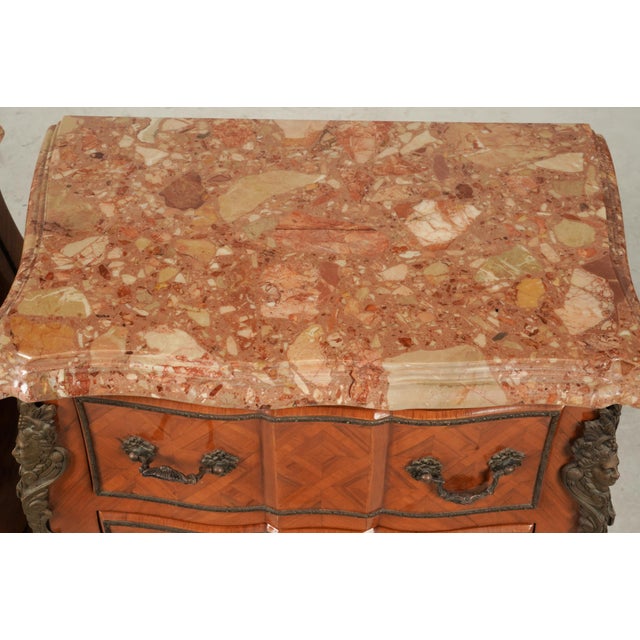 Wood Pair of Red Marble-Top Parquetry Petite Commodes Nightstands For Sale - Image 7 of 8