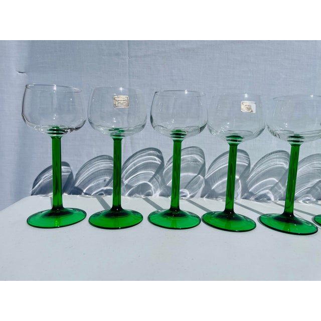 1950s French Luminarc Green Stemmed Wine Glasses- Set of 10 For Sale - Image 4 of 12