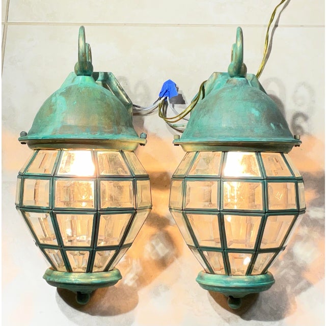 1980s Funky Vintage Pair of Solid Brass Verdigris Wall Lanterns - 14”h X 7” W X 8”.5 D For Sale - Image 5 of 17