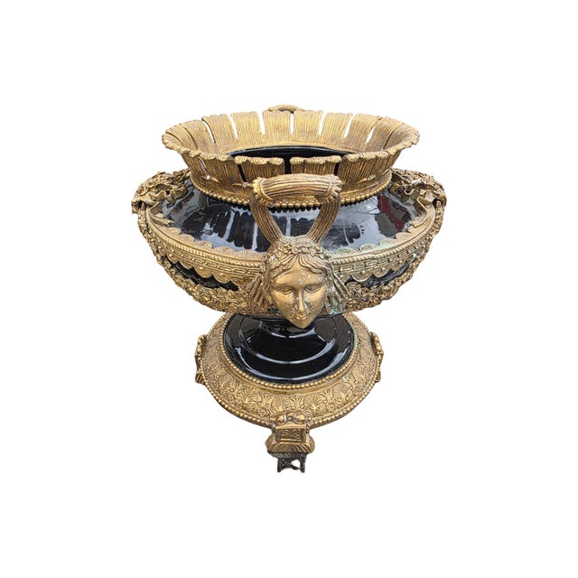 Metal Mid 20th Century Large Neoclassical Black & Gilt Urn Centerpiece Bowl With Figural Handles For Sale - Image 7 of 9